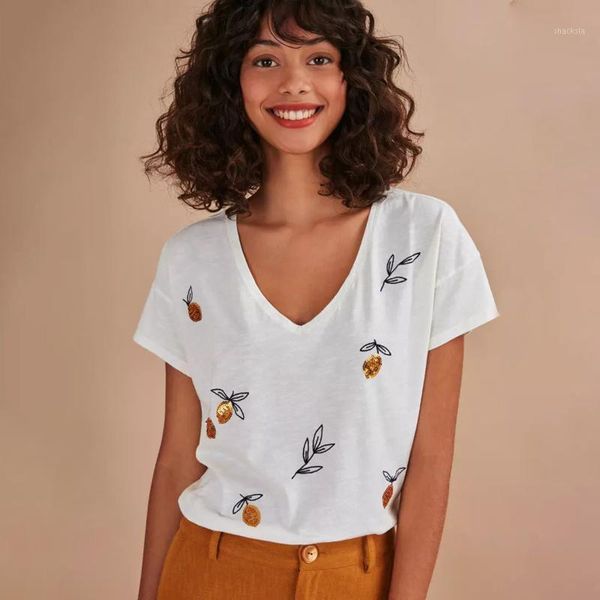 

sequins embroidery t shirt women summer short sleeve v neck chic casual shirts vintage floral tees 20201, White