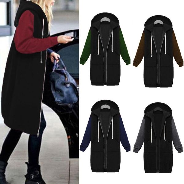 

women's jackets autumn/winter long sweatshirt jacket solid zipper pocket sleeve coat warm clubbing outerwear, Black;brown
