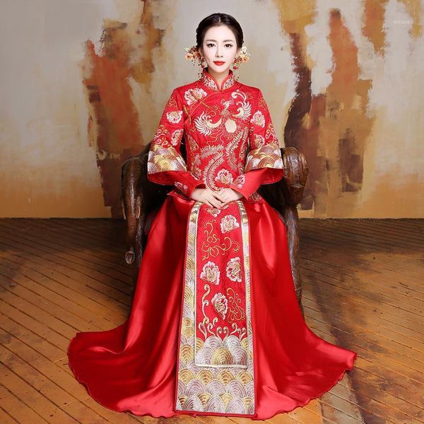 

china traditional dress wedding qipao red long sleeve cheongsam embroidery bride chinese style dress wholesale size s to xl1