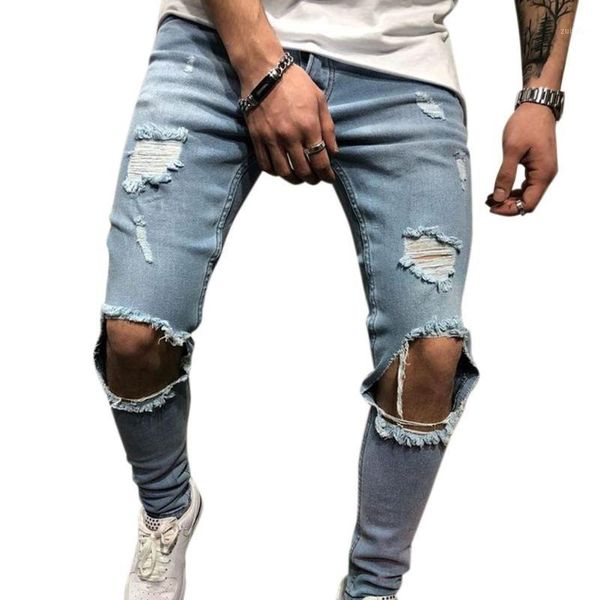 

men retro fashion pencil pants frayed slim fit denim pants break hole jeans1, Blue