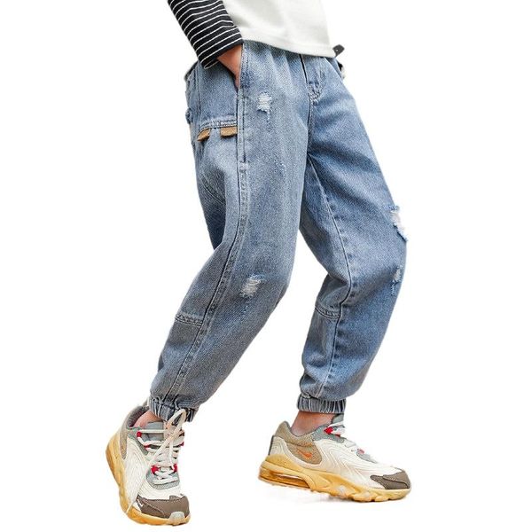 

jeans boys ripped hole pants 2021 big kids loose jogger harem high waist denim cotton trousers 6 8 10 12 14 16 yrs, Blue