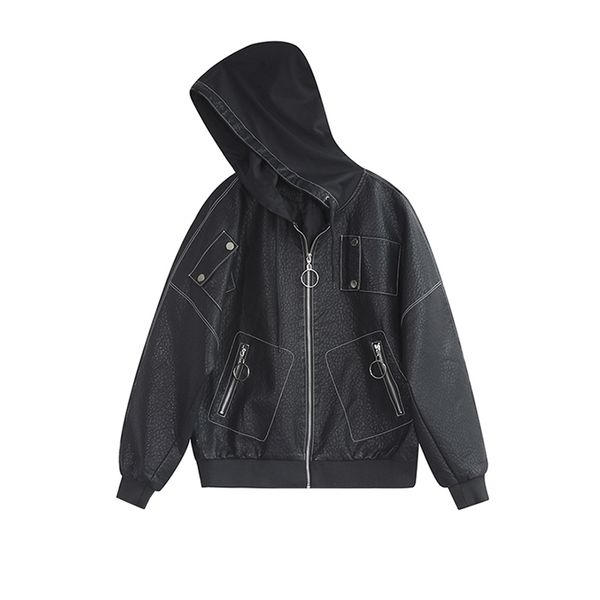 

2021 new autumn of the casual soft with leather plutonium hood biker women's high street outerwear jacket g5bb, Black