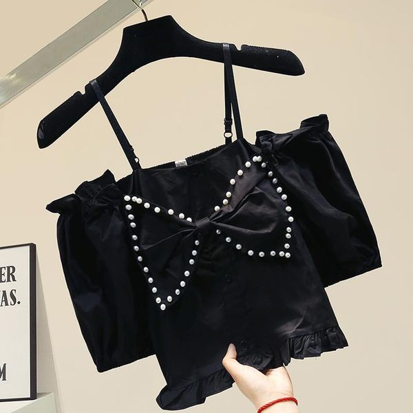 

slash neck strap women 2021 new summer design all-match short sleeve blouses all-match solid color feminine shirts, White
