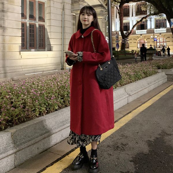 

women's autumn and winter versatile 2020 new gentle wind medium length small red woolen coat, Black