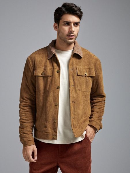 

men flap pocket borg collar suede jacket v472#, Black;brown