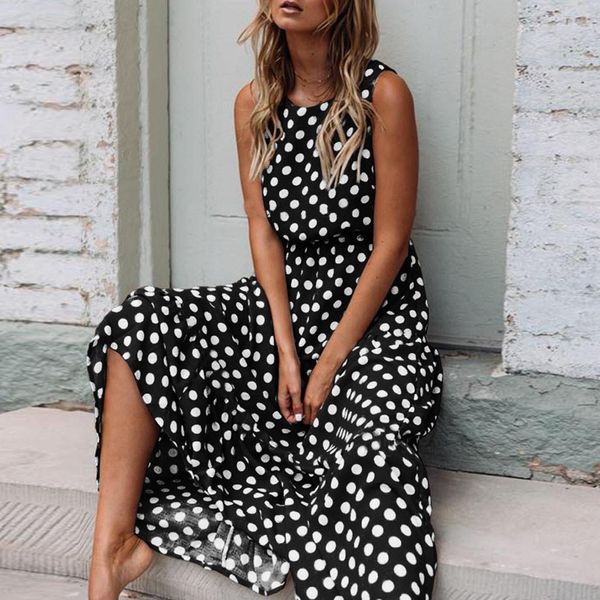 

dress women summer 2021 fashion boho style dot printing sleeveless o neck long dress female elegant party maxi dress vestidos, Black;gray