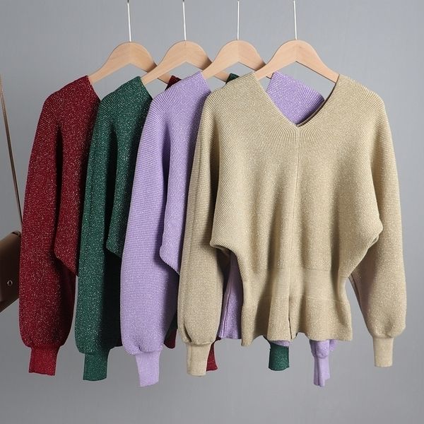 

gigogou new lurex glitter v neck women sweater autumn winter warm pullover jumper fashion batwing sleeve female sweater 201128, White;black
