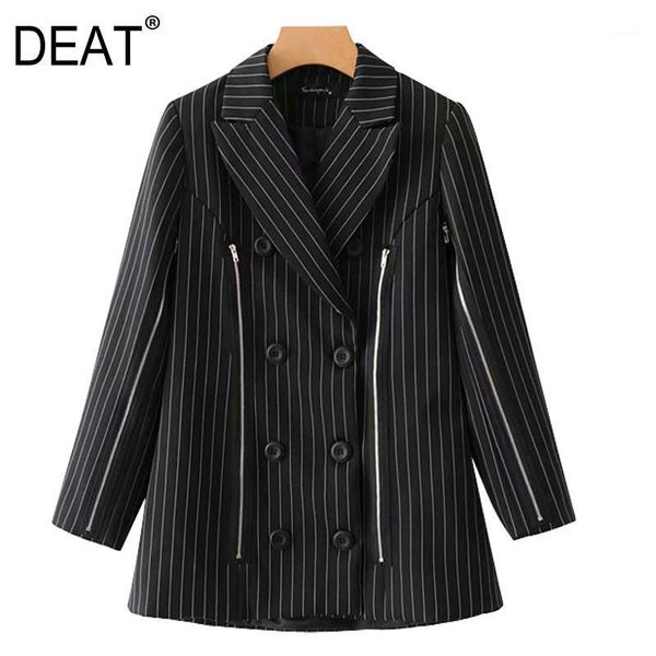 

deat] women black striped double breasted blazer new lapel long sleeve loose fit jacket fashion tide spring autumn 2020 13t8221, White;black