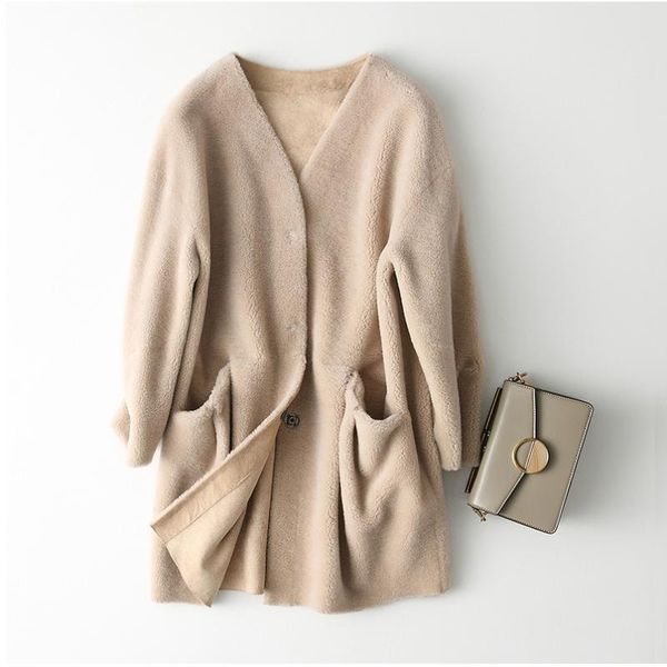 

women's fur & faux 2021 arrival natural wool coat women real fleece jacket winter overcoats plus size f1268, Black