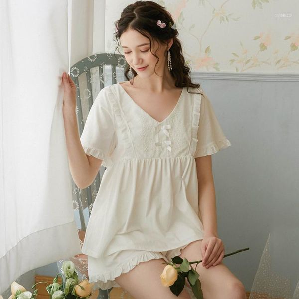 

wasteheart summer women sleep nightwear suits v neck night lace bow cotton pajama sets sleepwear 2 pieces shorts homewear11, Black;red