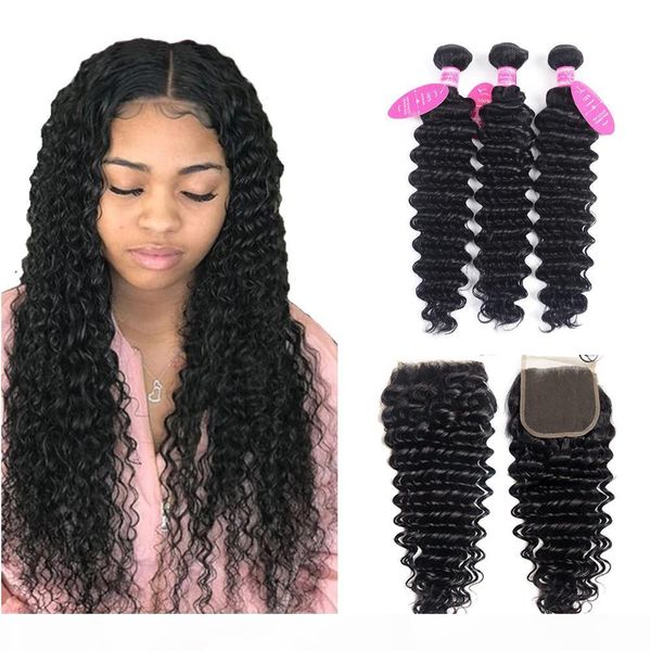 

deep wave human hair bundles with closure 4 pcs lot brazilian hair weave bundles with closure jet black remy hair extension