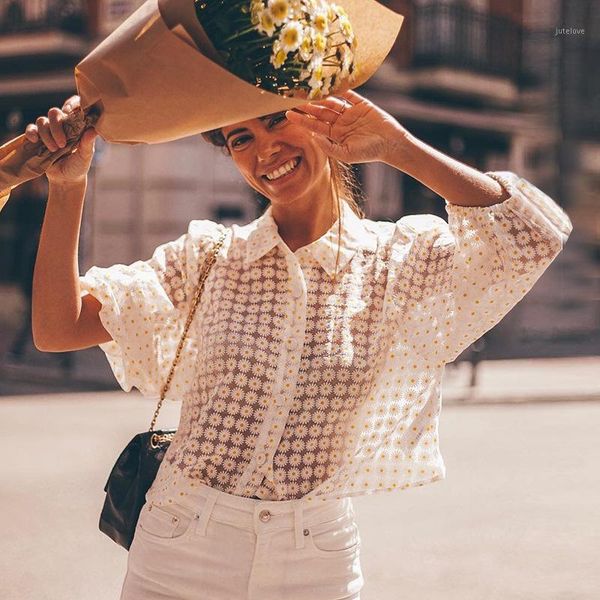 

vintage lapel long sleeve shirt transparent printed shirt blouse 2019 summer beach fashion early autumn women blouse1, White