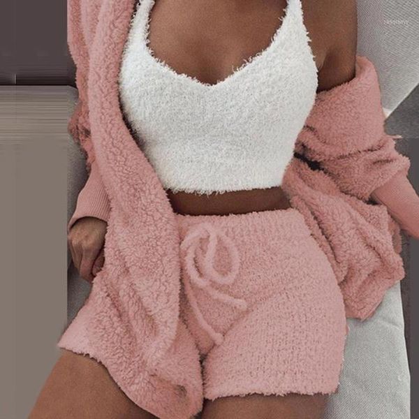 

running sets sfit soft long plush set sleeve jacket women crop shorts suit 2021 lady leisure sports sets1, Black;blue