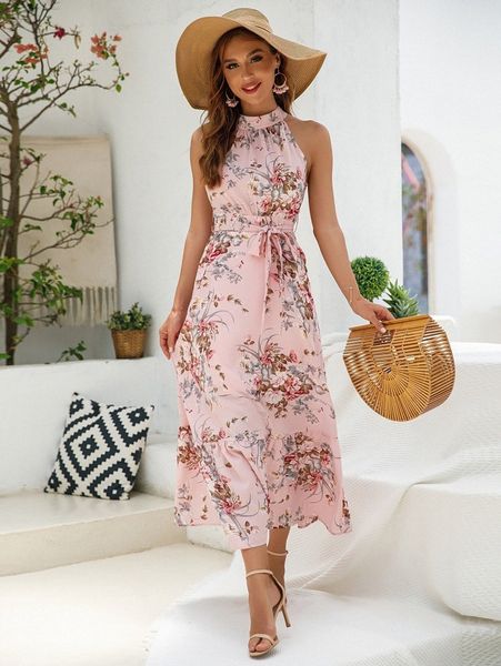 

floral print belted zip back ruffle hem dress c7hi#, Black;gray