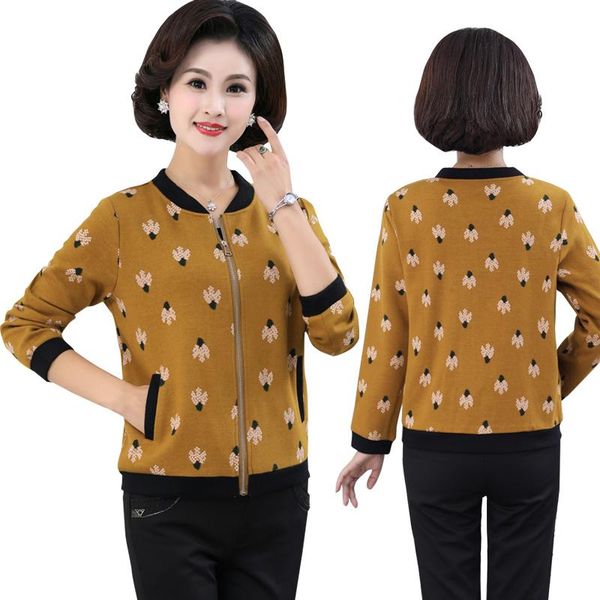 

2020 новая весна осень короткая куртка с длинным рукавом мода повседневная o шея печать на молнии куртка среднего возраста женская одежда, Black;brown