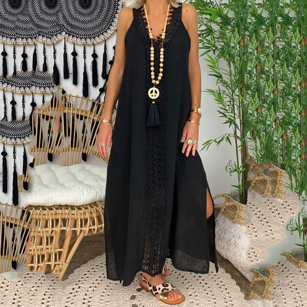 

women plus size lace long dress 2020 summer dress sleeveless holiday off shoulder dress long beach boho loose dresses#p3, Black;gray