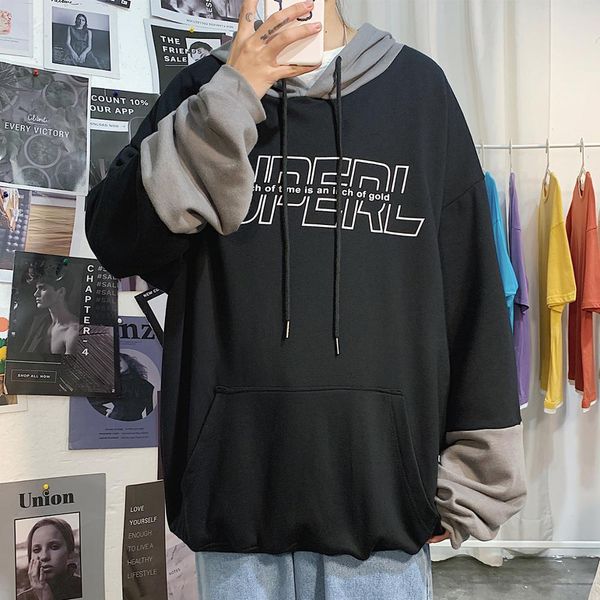 

male hip hop sleeve long sweater hoodies sweatshirt 2020 spring clothes, Black