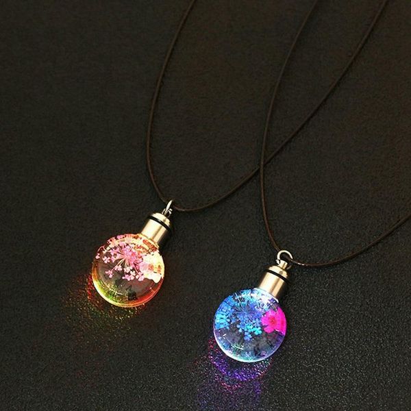 

1pc trendy dried flowers necklace led luminous flower pendant necklace for women charm crystal glass ball party wedding jewelry, Silver