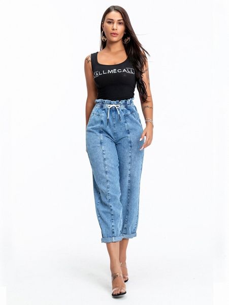 

high waisted paperbag waist seam front jogger jeans c04o#, Blue