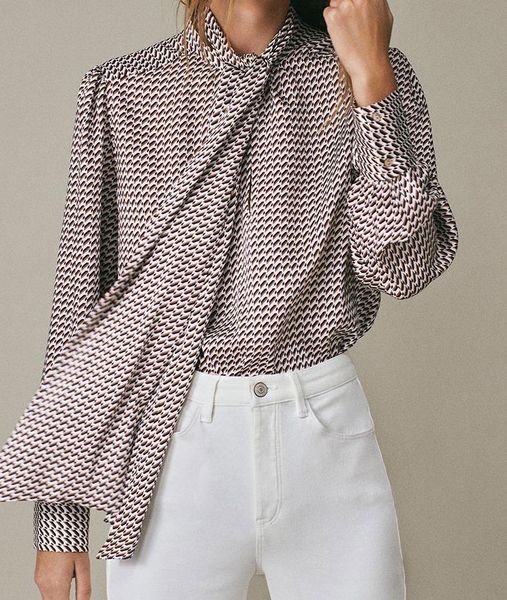 

women shirt scarf tie print blouse urban style long sleeve shirt, White