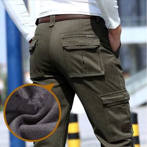 

2021 warm winter wool casual male cargo loose multi-military multi-pocket black army khaki pants man o028