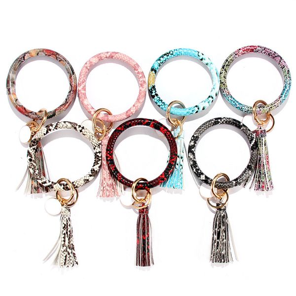 

12 colors pu leather tassel keychain wristlet keyring snake leather bangle keychain for outdoor, Slivery;golden