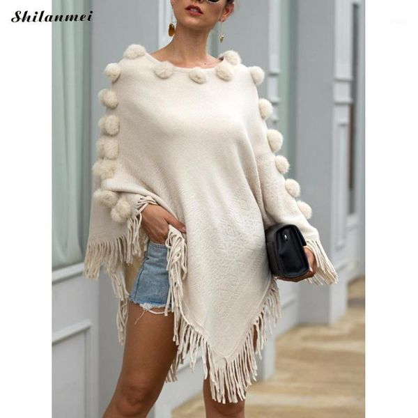 

women winter knitted cloak sweater european weave tassel coat irregular fur ball solid partywear sweters women invierno 20191, Black