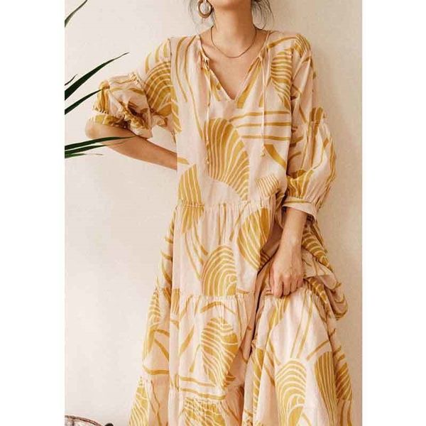 

boho inspired autumn leaves print dress women cotton v-neck casual tunic maxi dress female long sleeve boho dress 2020 vestidos y200805, Black;pink
