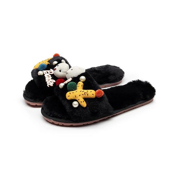 

slippers drop 2021 handmade women creepers flats loafers shoes flip flops cozy fluffy fur ladies furry, Black