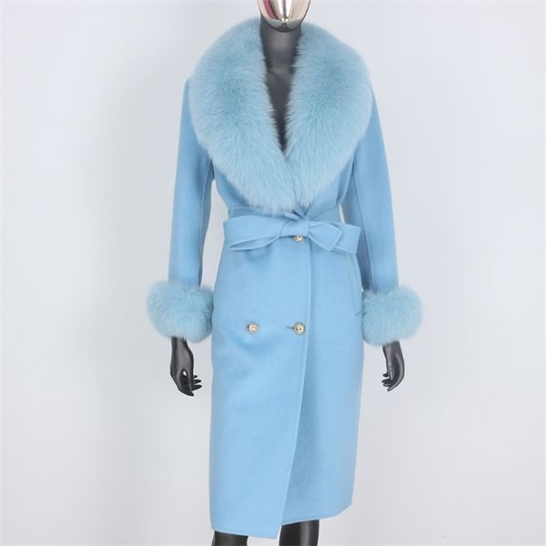 BluenessFair 2020 Cashmere lã mistura casaco de pele real casaco de inverno duplo jaqueta de inverno grande mulheres grande raposa colar de pele outerwear lj201202