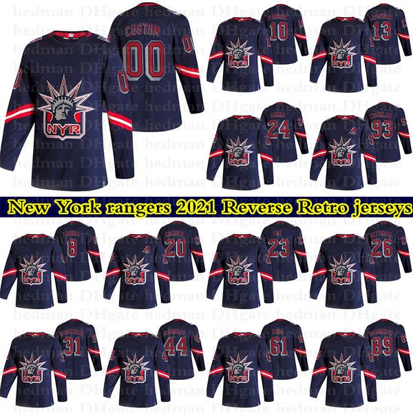 

new york rangers 2021 reverse retro jerseys 10 artemi panarin 24 kaapo kakko 93 mika zibanejad customize any number any name hockey jersey, Black;red