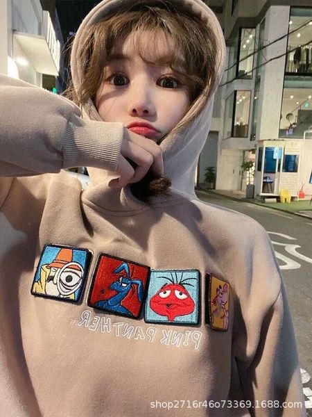 

aw20 plush long sleeve loose hooded sweater women cartoon leopard detachable velcro straight tube comfortable hoodie, Black