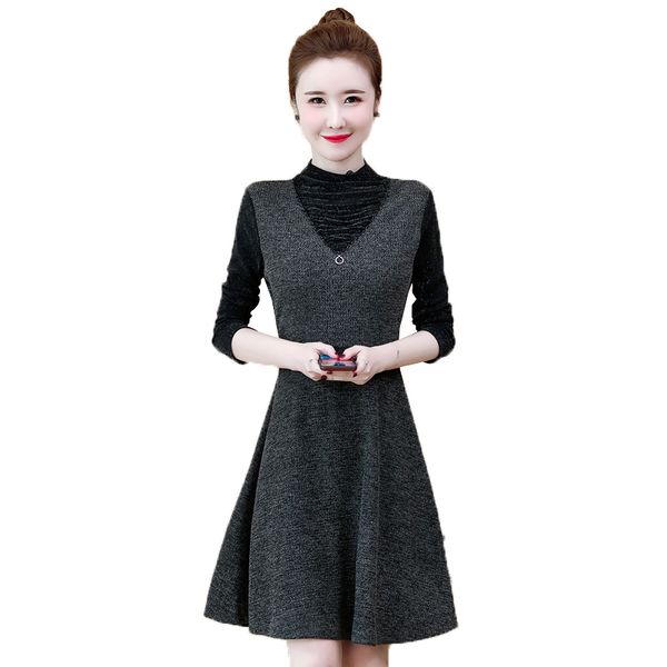 

2021 new plus size 5xl autumn winter dresses women new stitching long sleeve fake two-piece elegant ladies office dress vestidos oi65, Black;gray