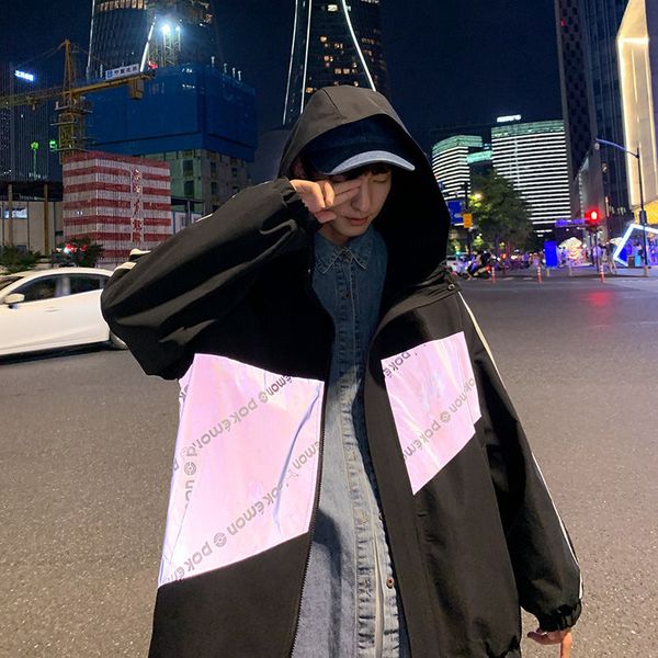 

privathinker men's reflective casual jacket male student style casual loose windbreaker coats fashion man hooded clothing c1117, Black