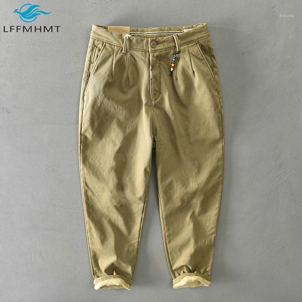 

men's pants winter fall fashion men solid color cotton fleece warm cargo male japan style casual beading trousers tz3381, Black