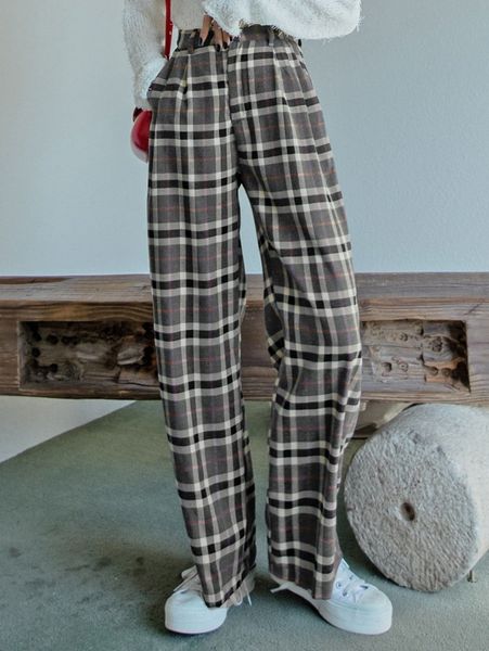 

dazy high waist tartan plicated detail straight leg pants l3bz#, Black;white