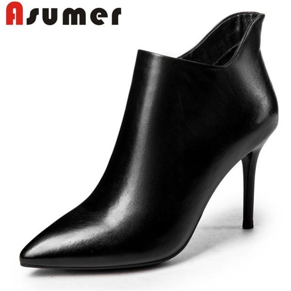 

asumer 2021 size 34-39 autumn boots high heels ankle boots for women pointed toe solid simple genuine leather, Black