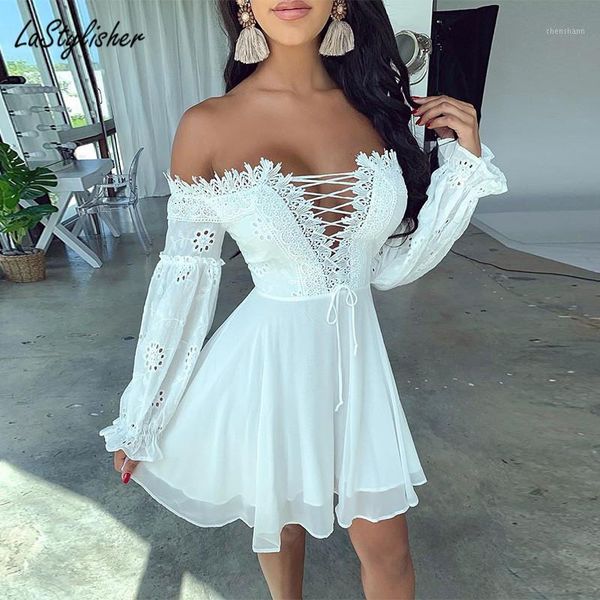 

casual dresses elegant hollow out women white lace dress slash neck up mini short a-line vintage female summer dresses1, Black;gray