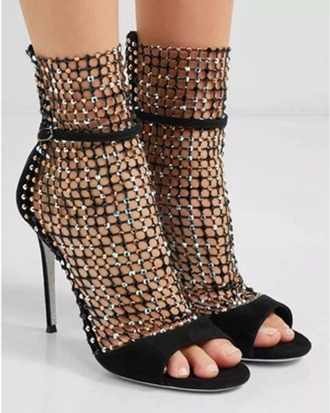 

strass mesh cutting-out femme boots black summer shoes silver wedding peep heels bling crystal sandals xya9