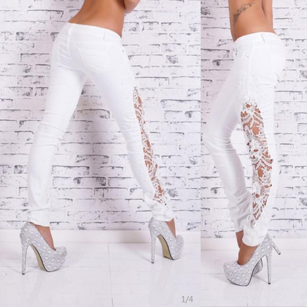 

women's jeans lace women elegant denim pencil skinny female fashion plus size floral crochet hollow-out 20211, Blue