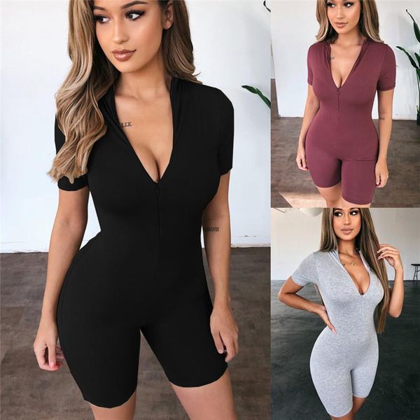 

2021 women ladies deep v-neck short sleeve bodysuit playsuit jumpsuit stretch front zip up bodycon sport leotard jumpsuit, Black;white