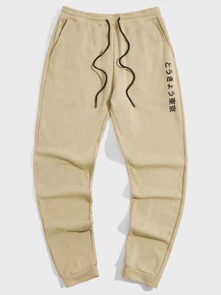 

men japanese letter graphic drawstring waist sweatpants f9xz#, Black