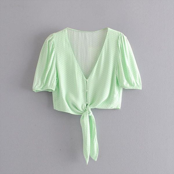 

new 2020 women v neck puff sleeve hem bow tie casual smock blouse female dots pattern short shirt chic button blusas, White