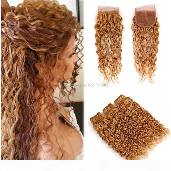 

honey blonde virgin hair weaves 3 bundles with lace closure color #27 wet and wavy bundles with 4x4 lace closure, Black