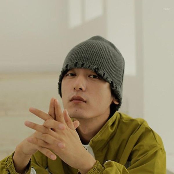 

beanies ripped hole edging warm winter solid color hat skull cap men women knitted skullies male black hat1