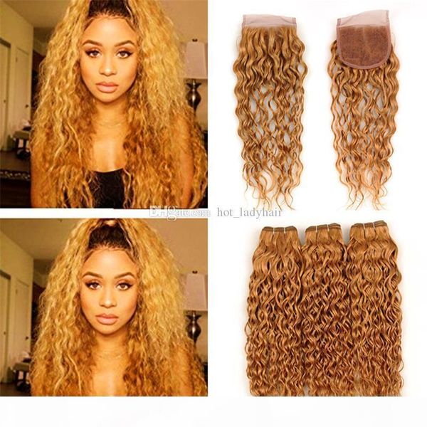 

wet and wavy honey blonde human hair weave bundles with lace closure #27 light brown virgin peruvian hair and 4x4 closure, Black;brown