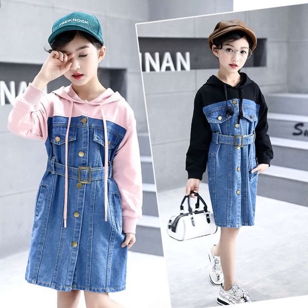 

new middle hooded korean denim girls' 2019 large children's splicing princs skirt spring and autumn drs 9koz, Red;yellow