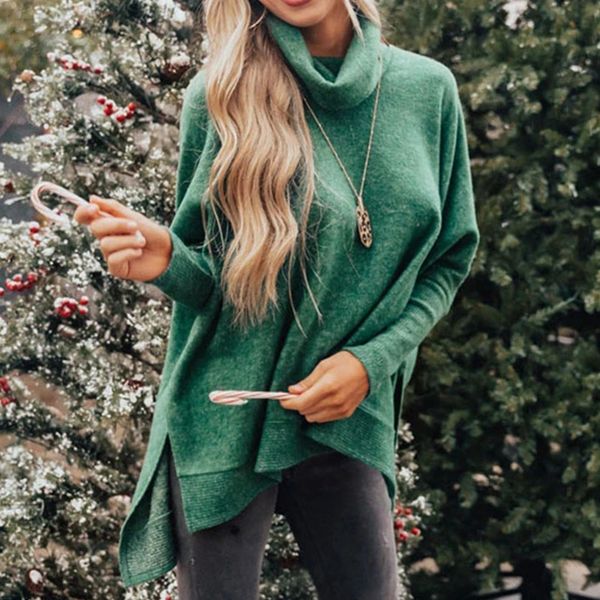 

fd175 cross-border selling 2020 autumn and winter european and american womens clothing solid color pullover high collar sweater irregul, Black