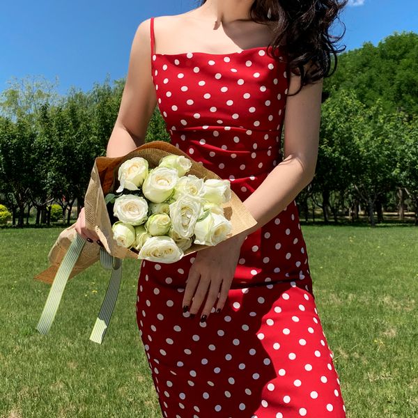 

2021 new summer vintage elegant red points show long and thin dresses spaghetti strap slim dressed in party jqra, Black;gray