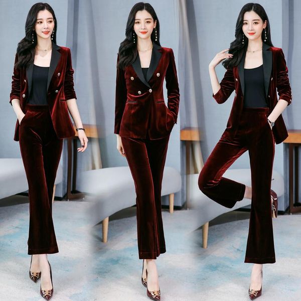 

formal slim fit women's business work 2 pieces suits navy blue velvet office ladies fashion stylish suits jacket flare pants set, White